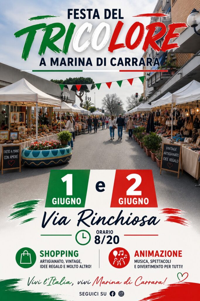Locandina del mercatino FESTA DEL TRICOLORE – MARINA DI CARRARA-