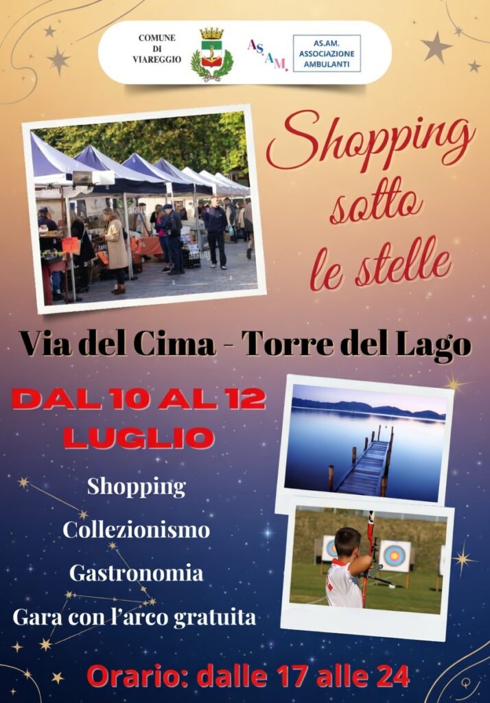 Locandina del mercatino SHOPPING SOTTO LE STELLE – TORRE DEL LAGO – VIAREGGIO – LU