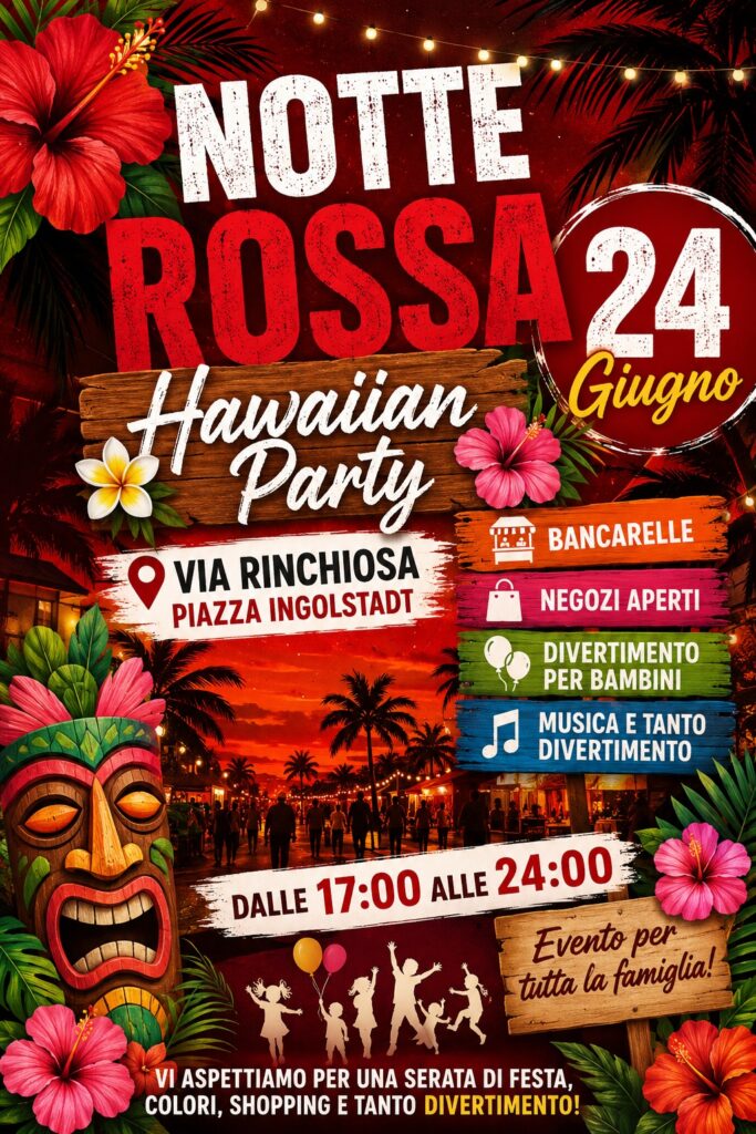 Locandina del mercatino NOTTE ROSSA HAWAIIAN PARTY – MARINA DI CARRARA –