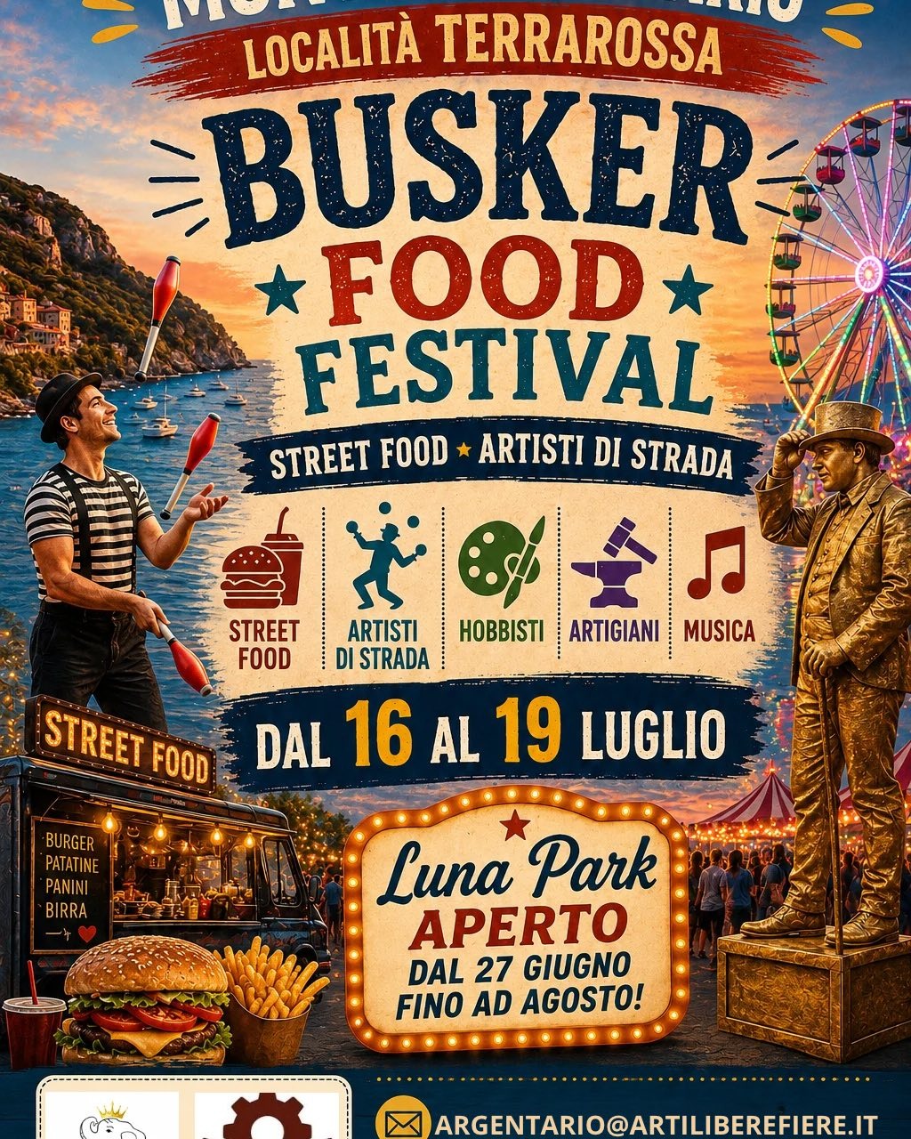 Locandina del mercatino BUSKER FOOD FESTIVAL – ARGENTARIO – TERRA ROSSA