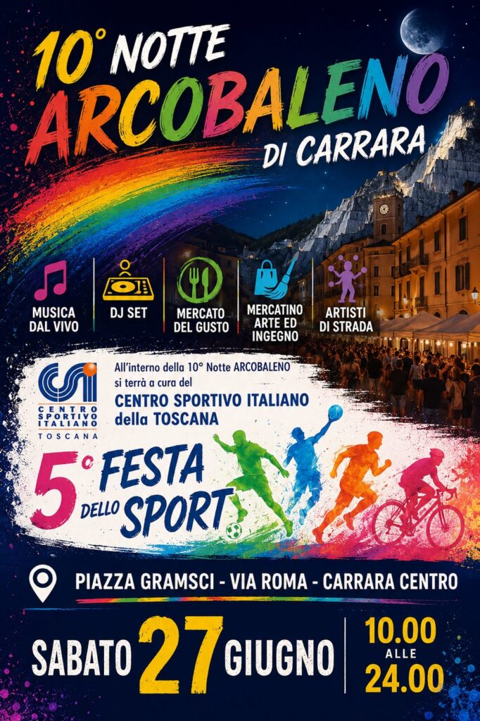 Locandina del mercatino NOTTE ARCOBALENO – CARRARA-