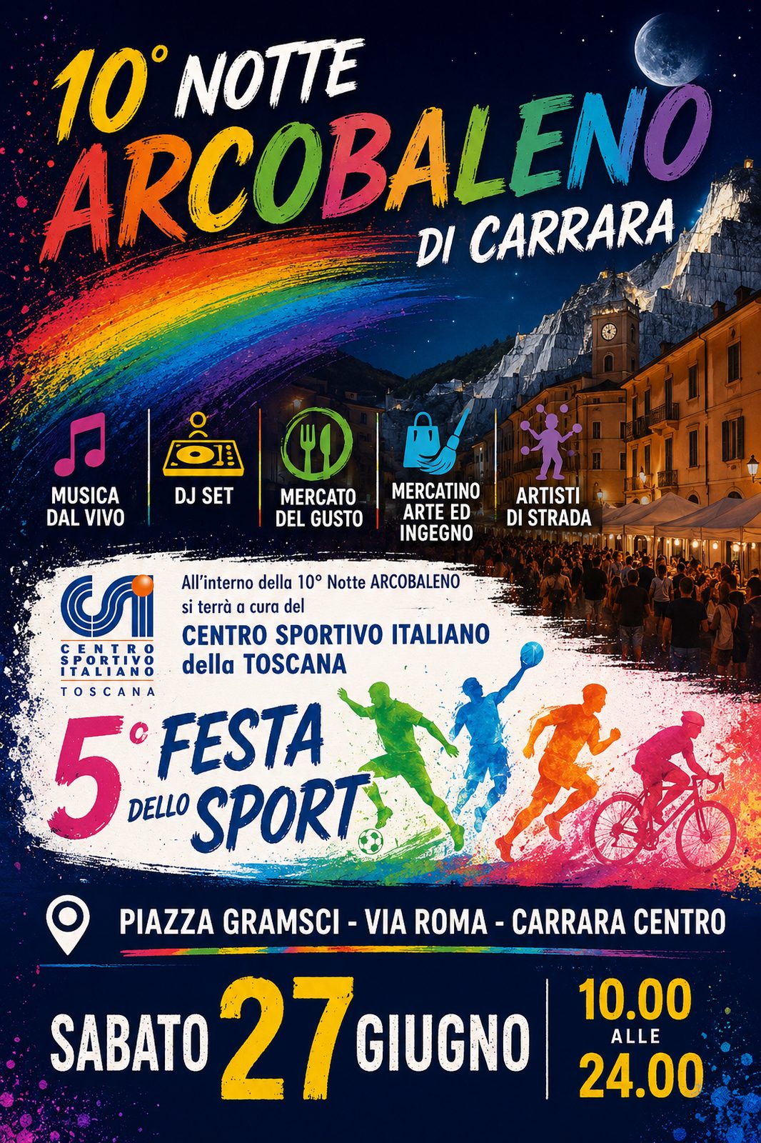 Locandina del mercatino NOTTE ARCOBALENO – CARRARA-