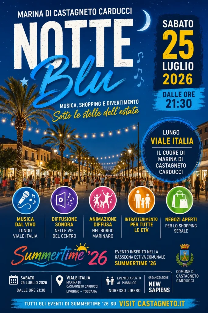Locandina del mercatino NOTTE BLU – MARINA DI CASTAGNETO – LI