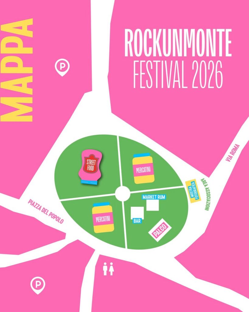 Mappa del Rockunmonte Festival 2026 a Montespertoli con mercatini, palco, street food, bar, parcheggi e servizi.