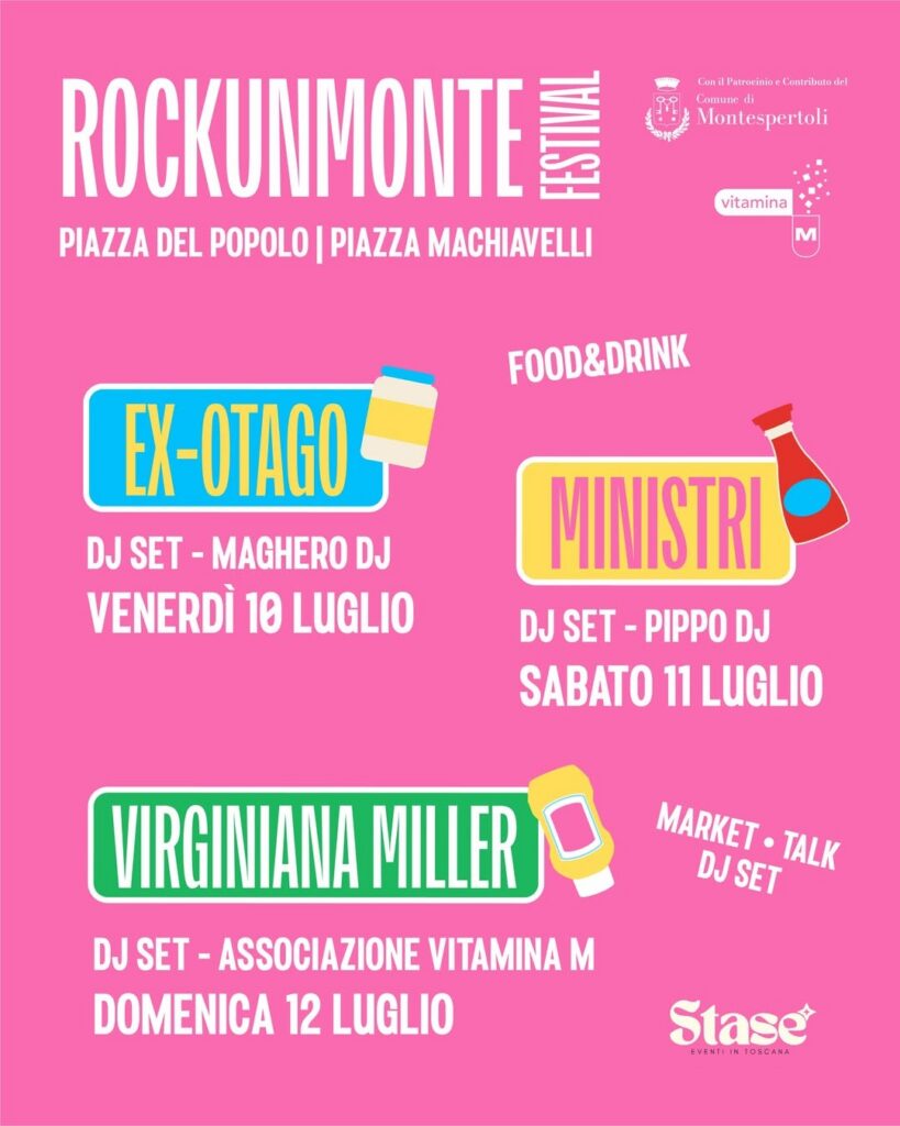 Programma Rockunmonte a Montespertoli: Ex-Otago il 10 luglio, Ministri l’11 e Virginiana Miller il 12, con market e DJ set.