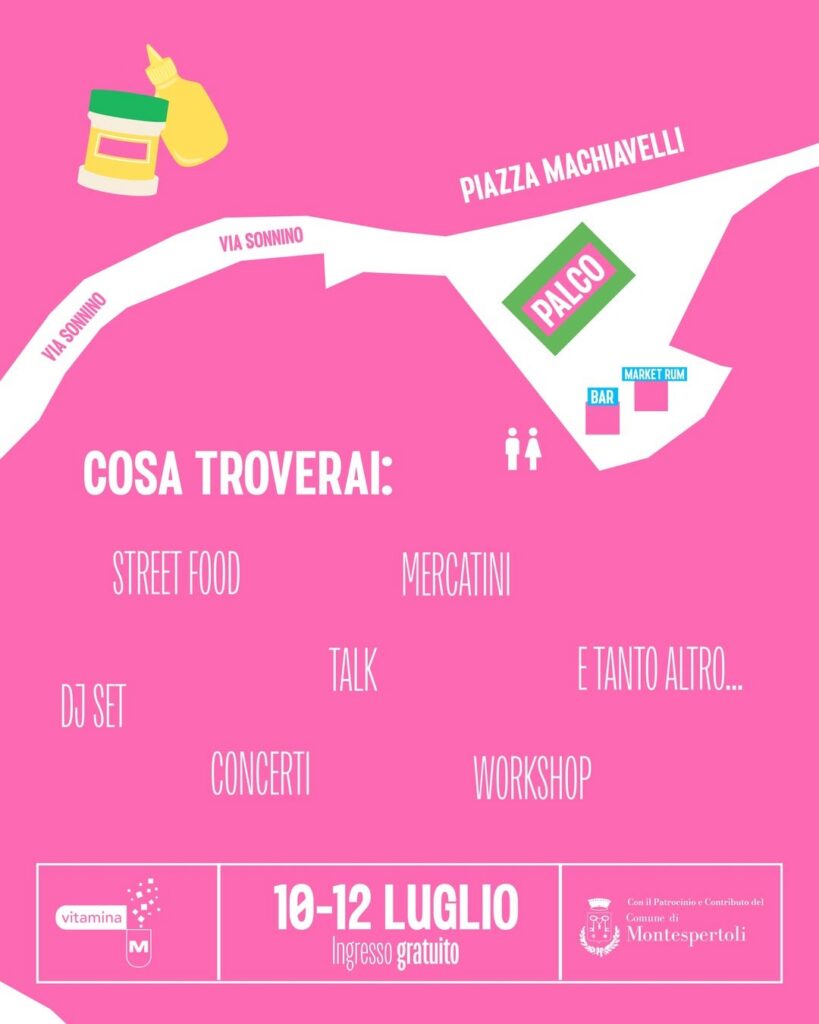 Rockunmonte a Montespertoli: mappa di piazza Machiavelli con palco, bar e servizi, ed elenco delle attività del festival.
