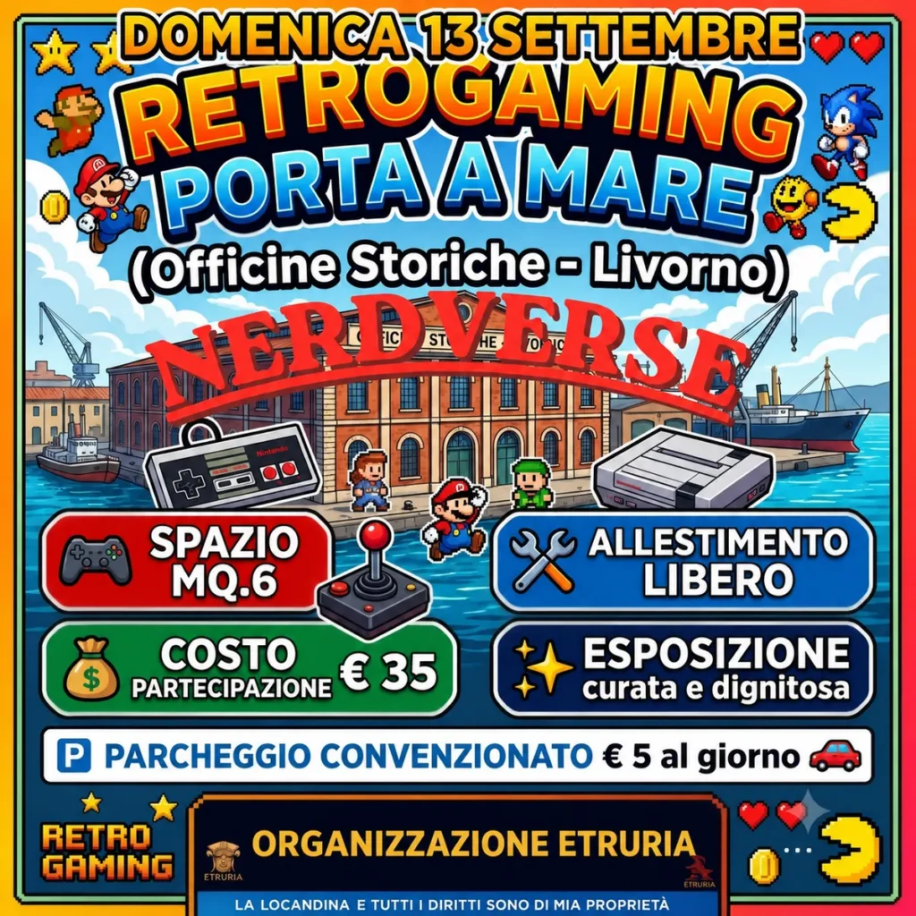 Locandina del mercatino RETROGAMING NERDVERSE – PORTA A MARE – LI