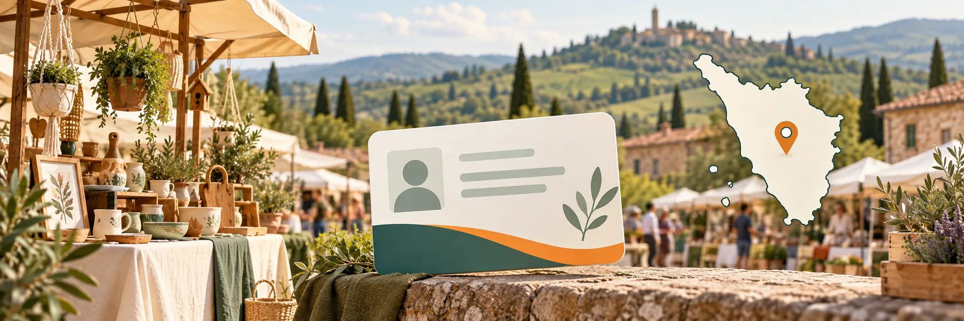 Mercatino artigianale in Toscana con tesserino regionale e mappa della Toscana