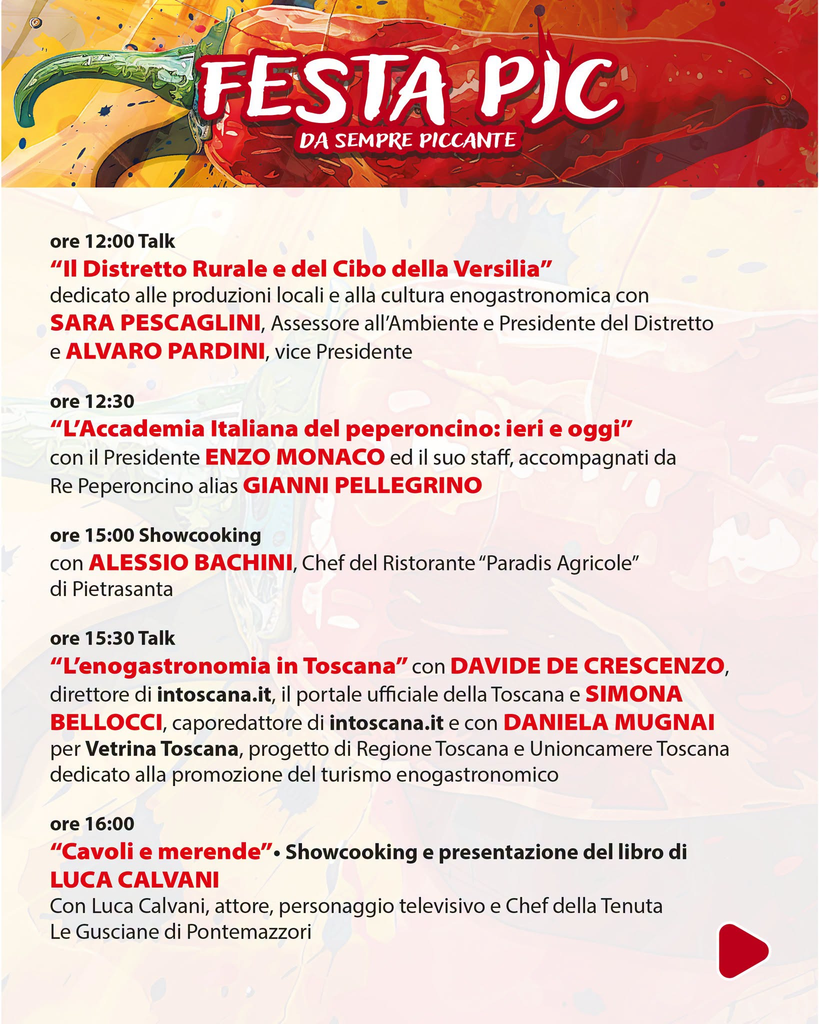 Programma di domenica 11 ottobre della Festa Pic 2026 a Camaiore