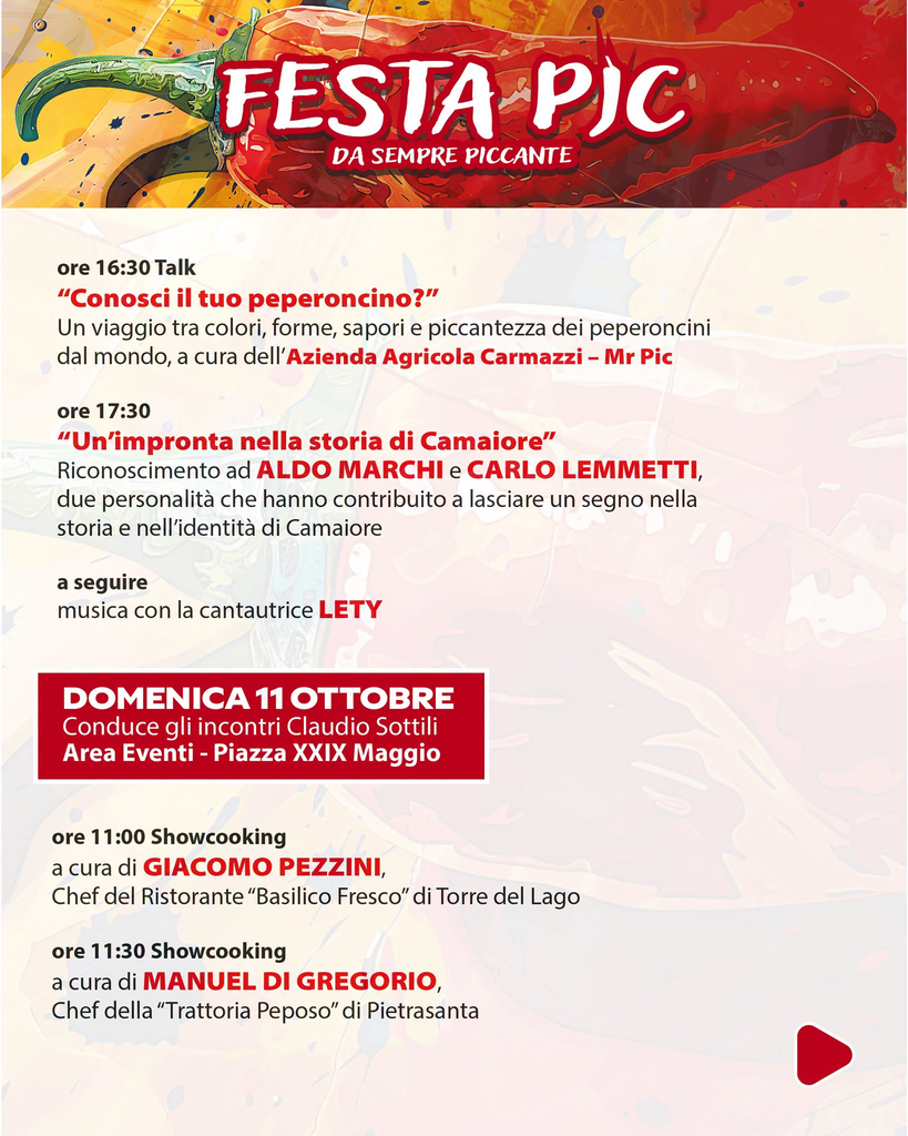 Programma Festa Pic 2026 tra sabato 10 e domenica 11 ottobre