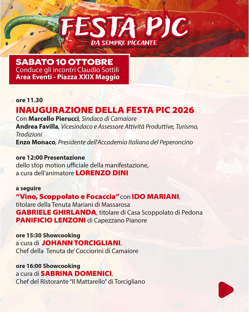 Programma di sabato 10 ottobre della Festa Pic 2026 a Camaiore