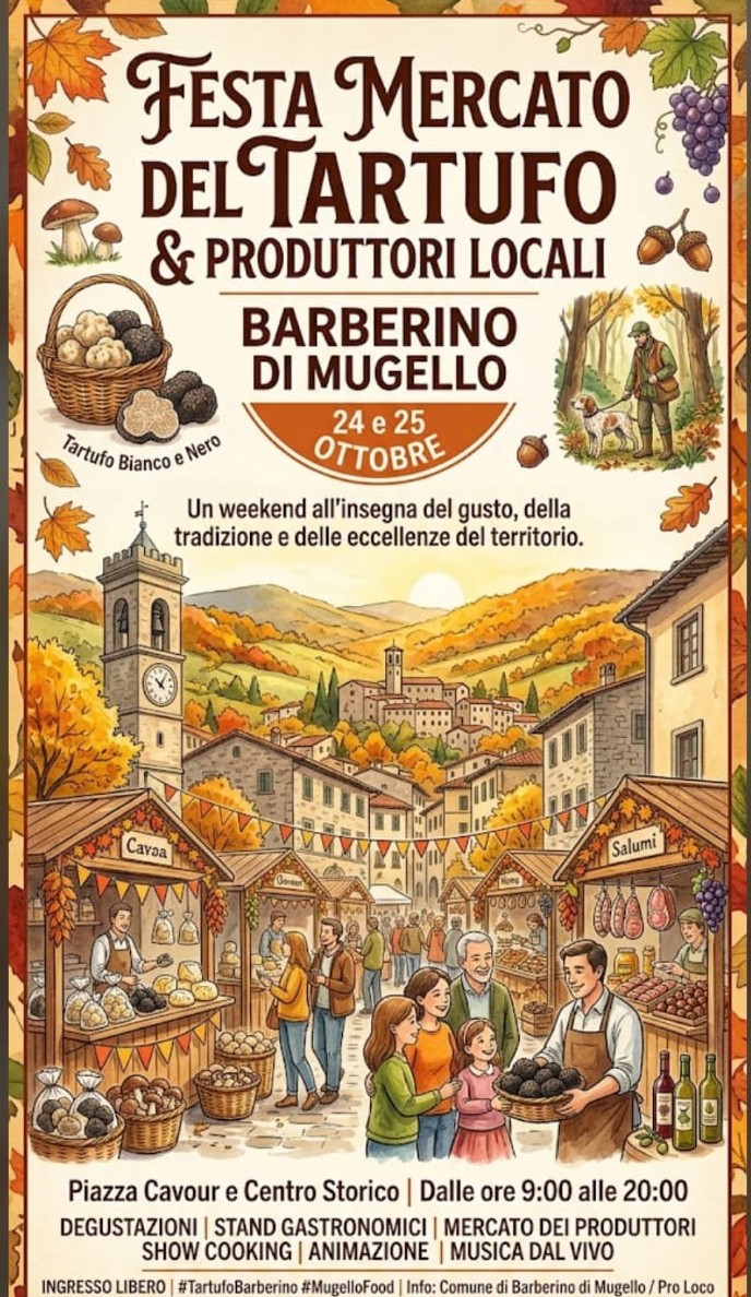 Locandina vintage della Festa Mercato del Tartufo a Barberino di Mugello, 24 e 25 ottobre 2026, con il paese e le bancarelle autunnali