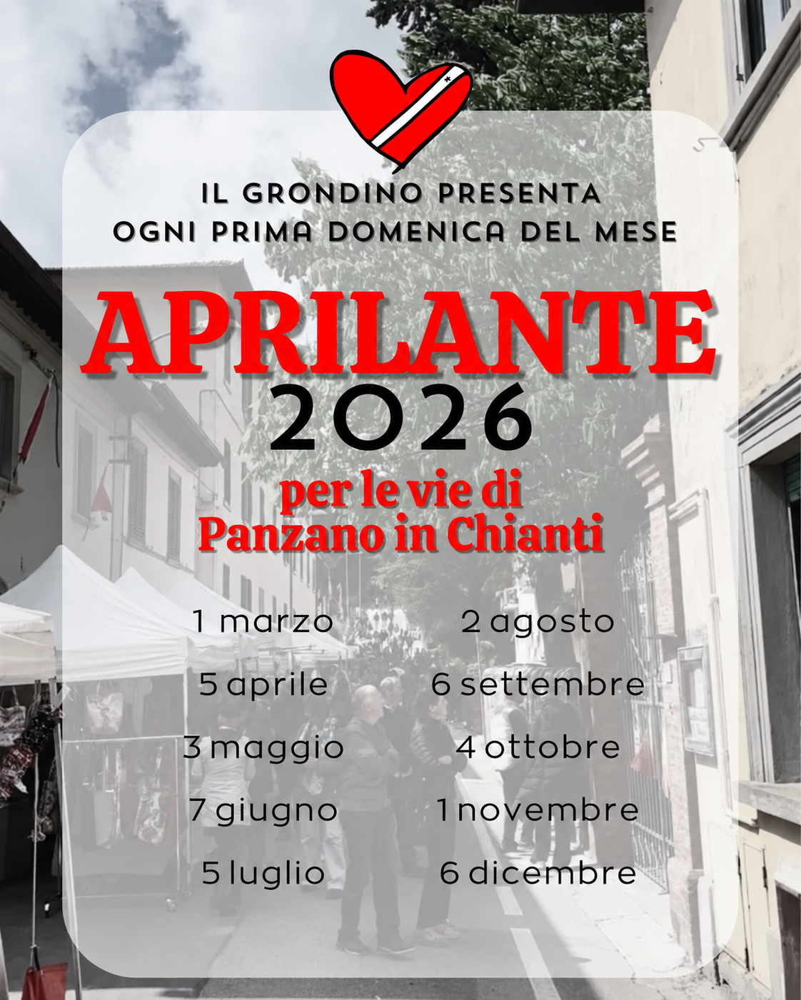 Locandina Aprilante 2026 a Panzano in Chianti con il calendario degli appuntamenti mensili.