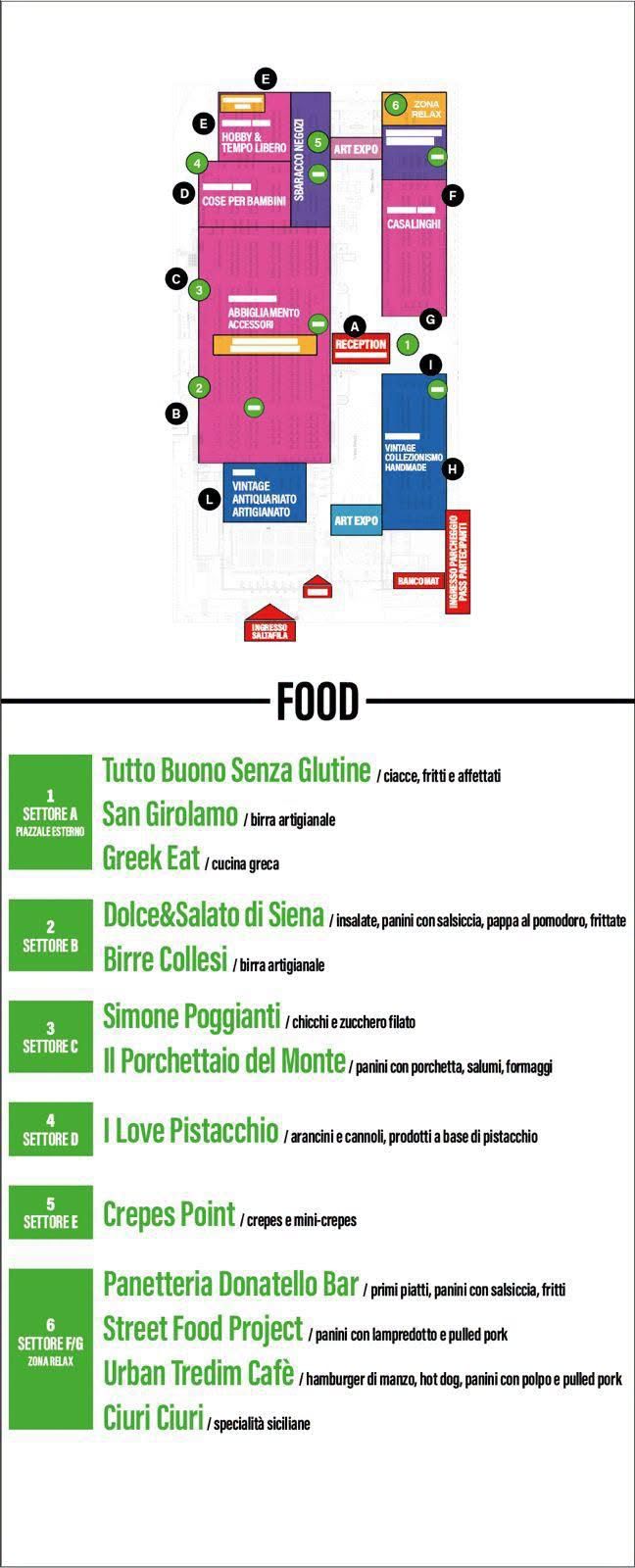 Planimetria con punti ristoro e proposte gastronomiche del Grande Mercato delle Pulci di Arezzo, 17 e 18 ottobre 2026.