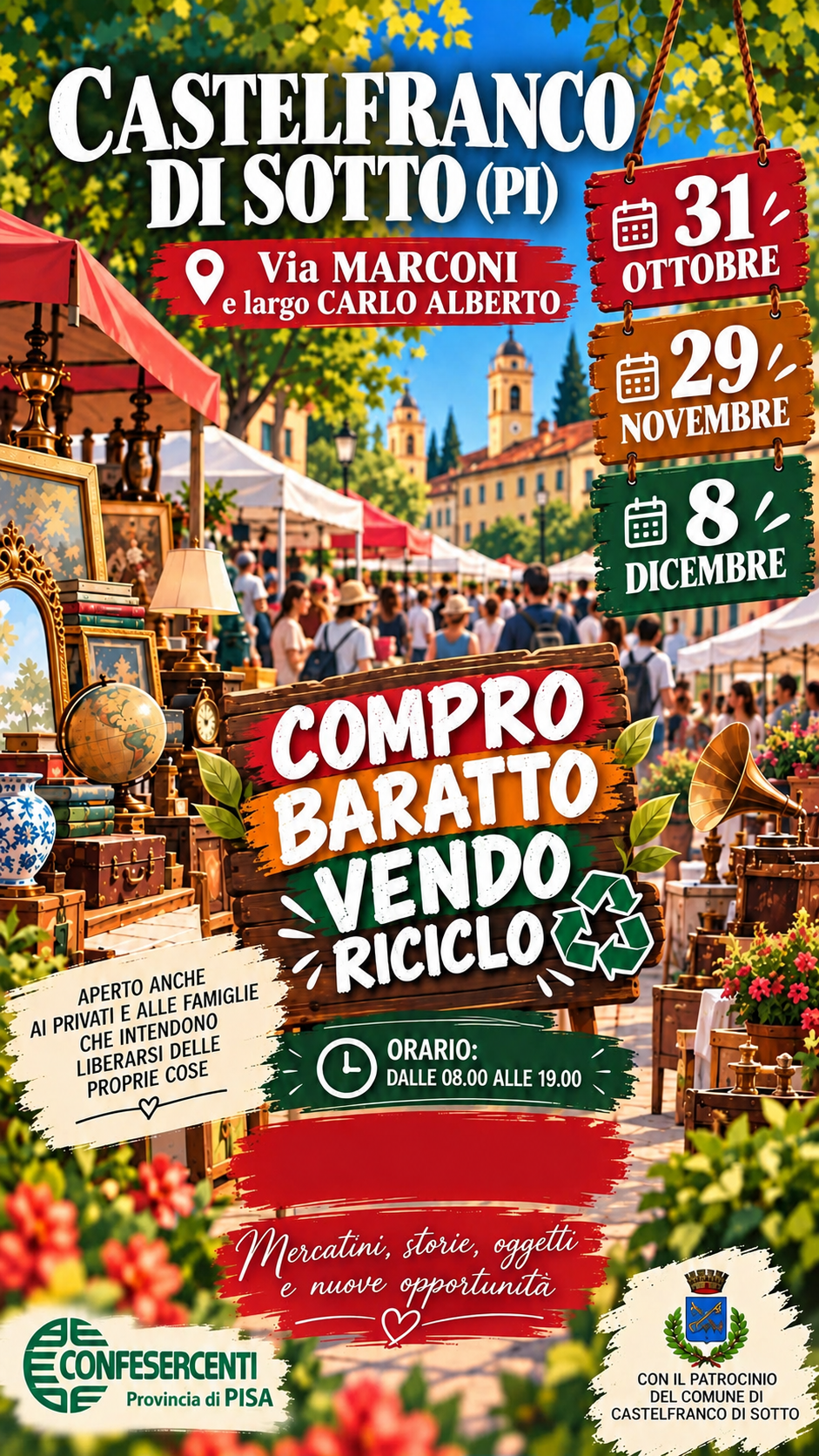 Locandina Compro, baratto, vendo e riciclo a Castelfranco di Sotto: 31 ottobre, 29 novembre e 8 dicembre, dalle 8 alle 19.