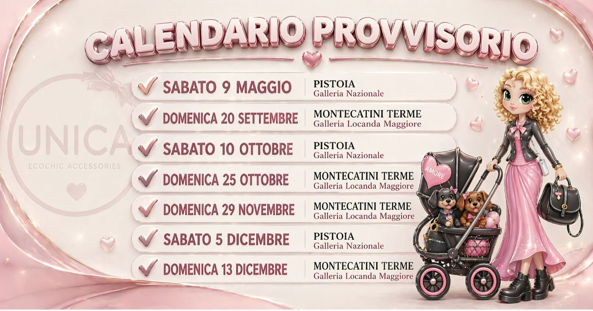 Calendario provvisorio UNICA 2026: appuntamenti a Pistoia, Galleria Nazionale, e Montecatini Terme, Galleria Locanda Maggiore.
