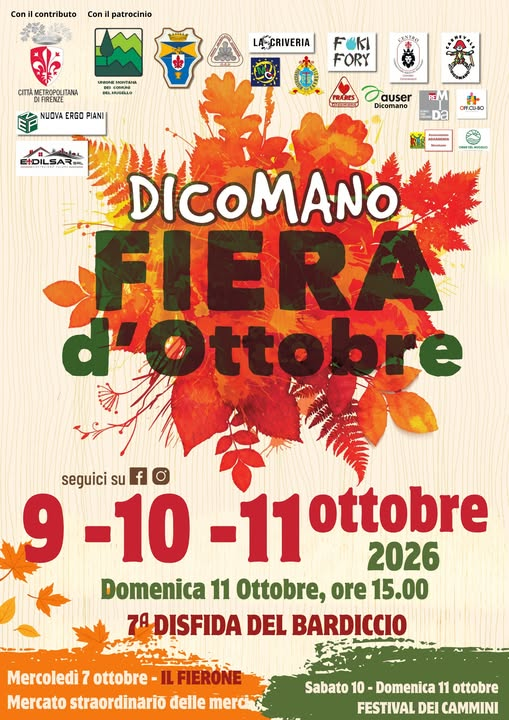Locandina della Fiera d’Ottobre 2026 a Dicomano, in programma dal 9 all’11 ottobre
