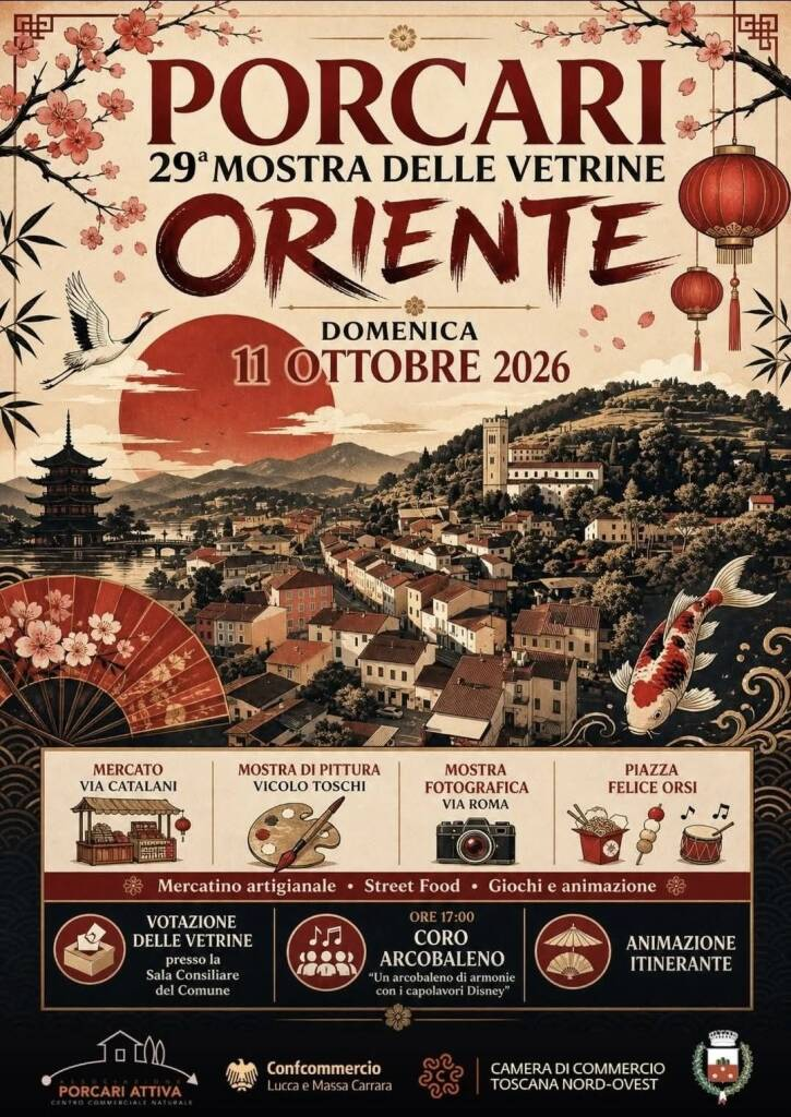 Locandina della 29ª Mostra delle vetrine Oriente a Porcari, domenica 11 ottobre 2026, con mercatino artigianale e Coro Arcobaleno alle 17.