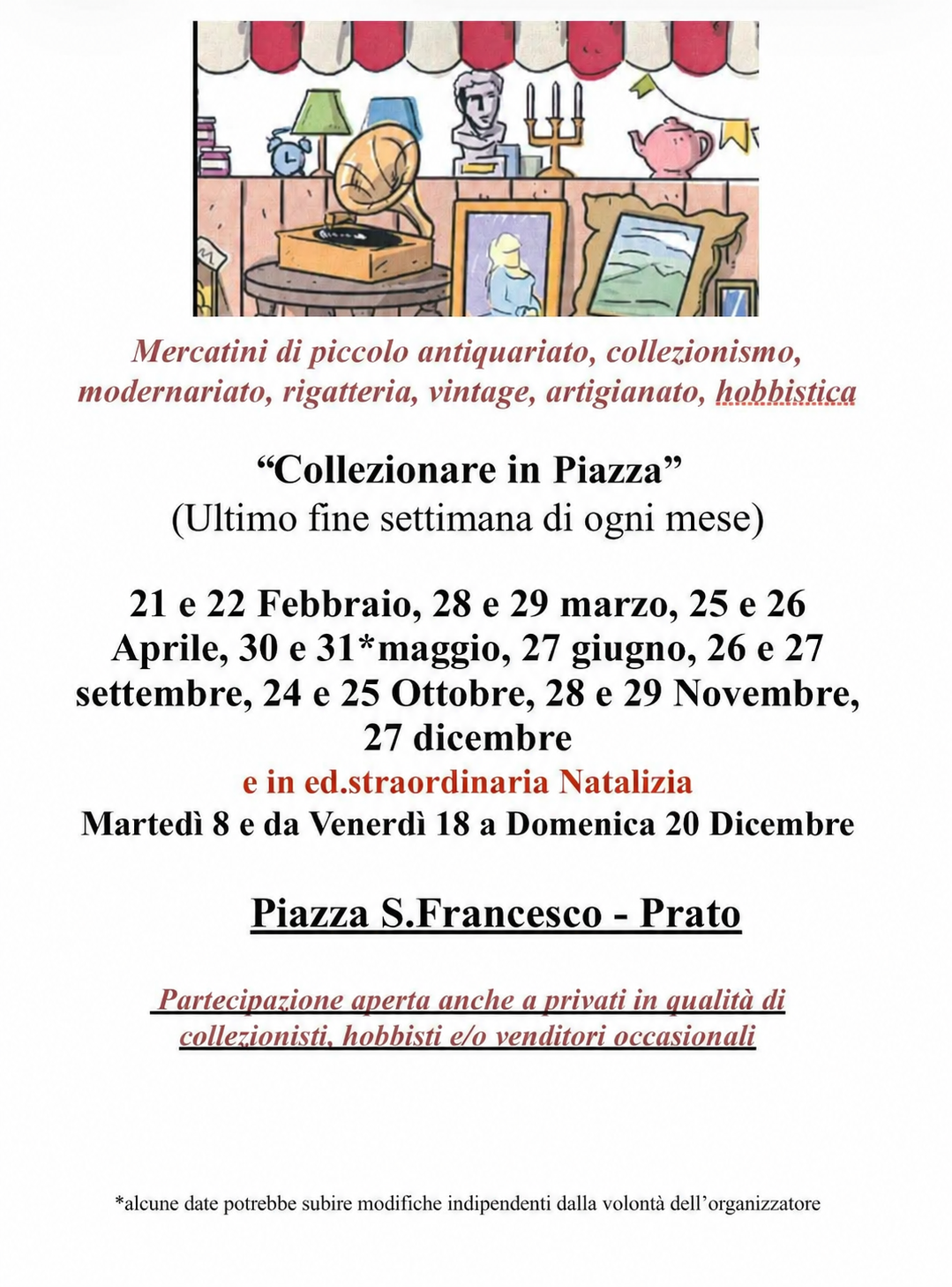 Locandina di Collezionare in Piazza a Prato, in Piazza San Francesco, con date e appuntamenti natalizi 2026.