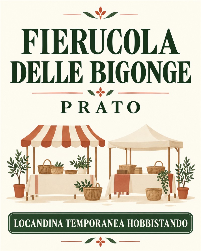 Locandina temporanea Hobbistando della Fierucola delle Bigonge a Prato, con illustrazione di bancarelle.