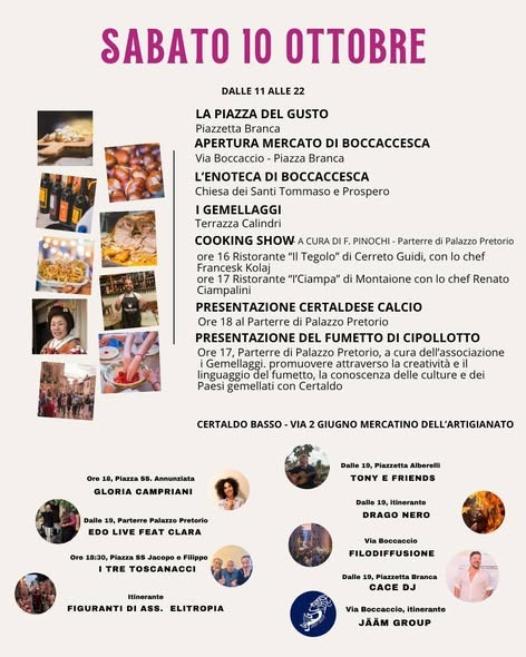 Programma di sabato 10 ottobre 2026 con mercatino dell’artigianato in Via 2 Giugno a Certaldo basso