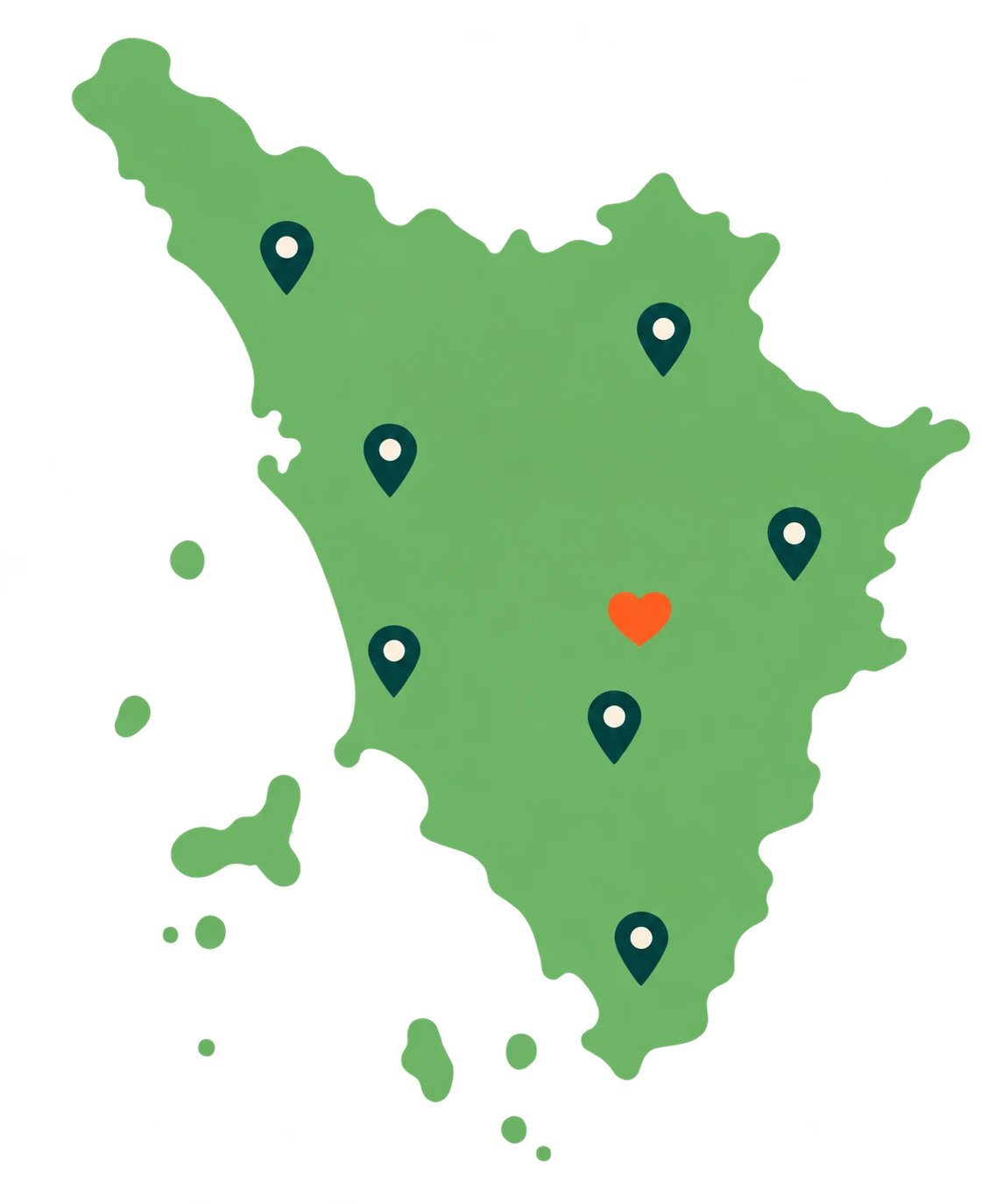 Mappa stilizzata della Toscana con indicatori dei mercatini