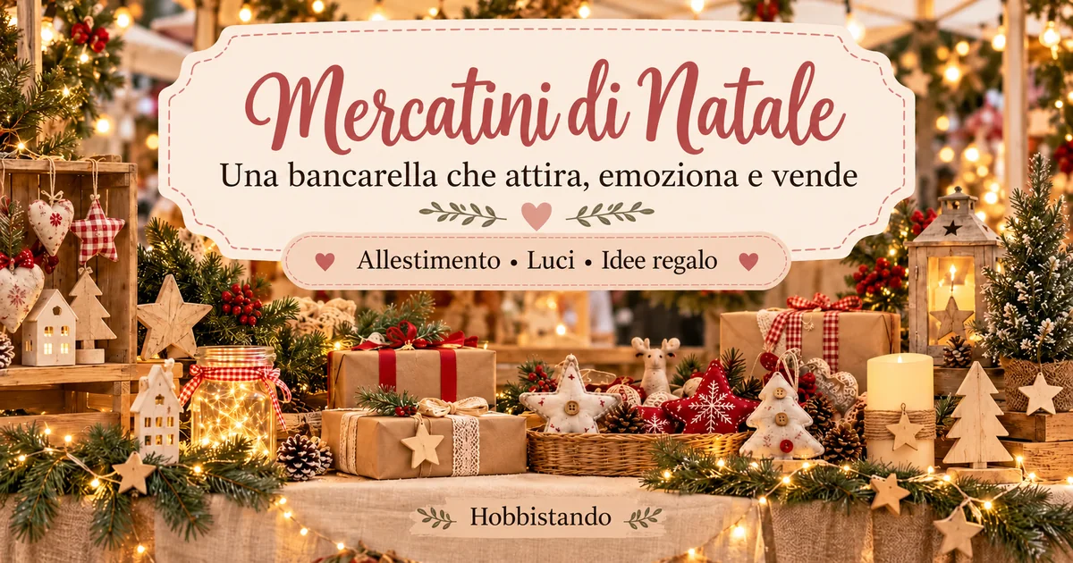 Mercatini di Natale: bancarella con decorazioni handmade, confezioni regalo e luci calde.