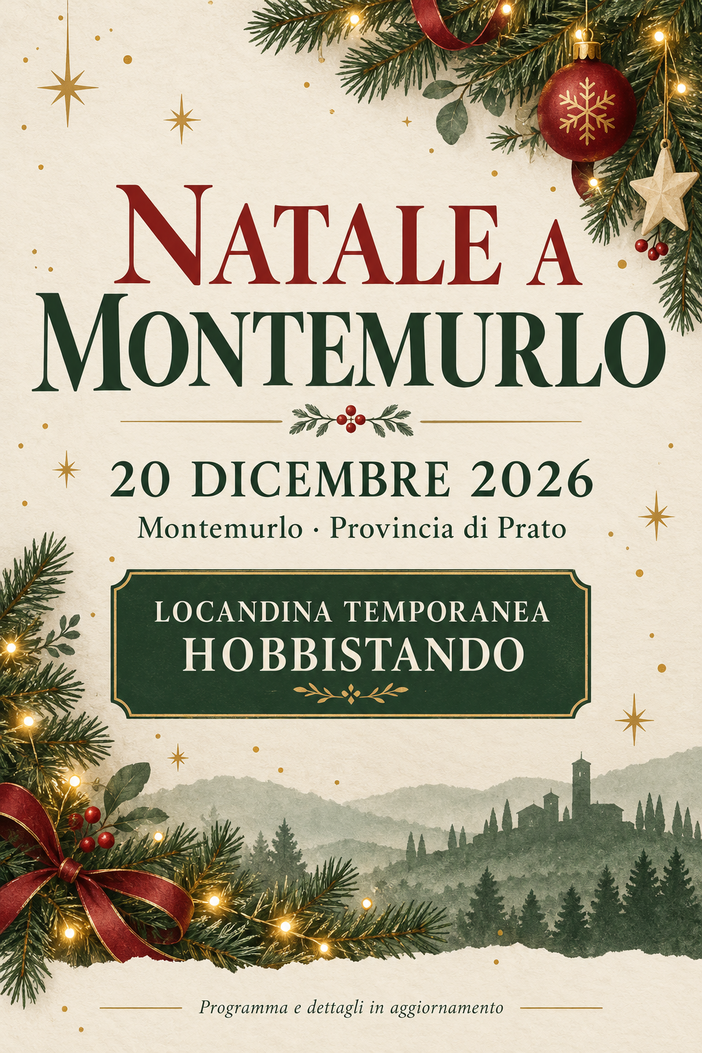 Locandina temporanea Hobbistando per Natale a Montemurlo del 20 dicembre 2026, con decorazioni natalizie.