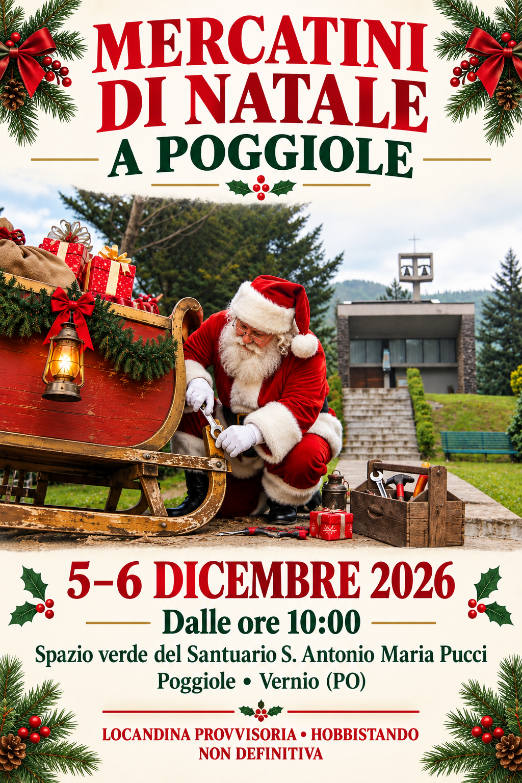 Locandina provvisoria dei Mercatini di Natale a Poggiole, Vernio, il 5 e 6 dicembre 2026, con Babbo Natale e la slitta davanti al santuario.