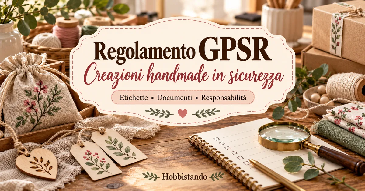 Copertina Regolamento GPSR: creazioni handmade, etichette, quaderno e lente su un tavolo artigianale.
