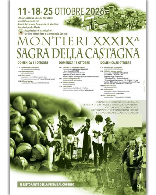 Locandina della Sagra della Castagna a Montieri, 11, 18 e 25 ottobre 2026, con il programma delle tre domeniche.